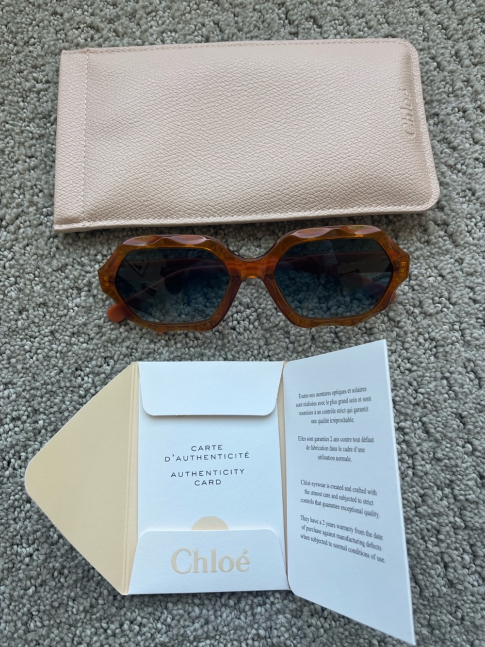NWOT Chloe Orange Hexagon Frame Sunglasses case, cert of authenticity included - Picture 2 of 13